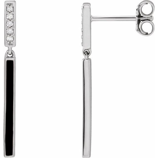 14K White Or Rose Gold 25.26 Mm Round 1.1Mm Pair Friction Back Polished .06 Ctw Natural Diamond Black Enamel Bar Drop Earrings