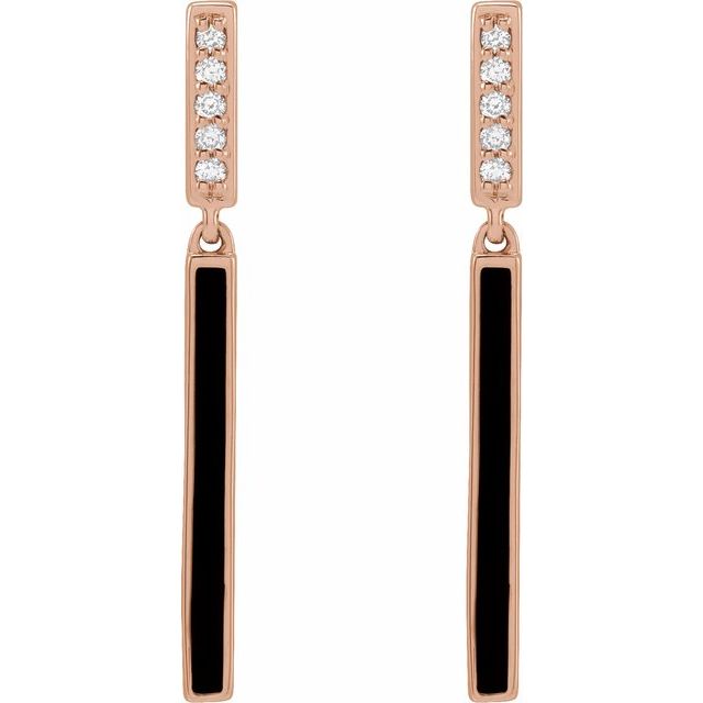 14K White Or Rose Gold 25.26 Mm Round 1.1Mm Pair Friction Back Polished .06 Ctw Natural Diamond Black Enamel Bar Drop Earrings