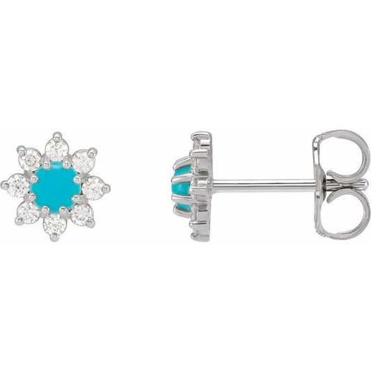 14K White Or Yellow Gold 3 Mm Round Friction Back Polished Natural Turquoise And 1/8 Ctw Natural Diamond Cabochon Flower Earrings