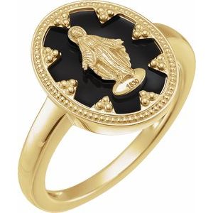 14K Yellow Gold Black Enamel 15.35 Mm Polished Oval Black Enamel Miraculous Medal Ring Size 7