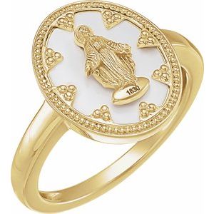 14K Yellow Gold White Enamel 15.35 Mm Polished Oval White Enamel Miraculous Medal Ring Size 7