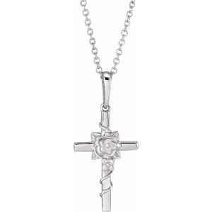 Sterling Silver 24.26 X 10.99 Mm 16-18 In Polished Floral Cross Necklace