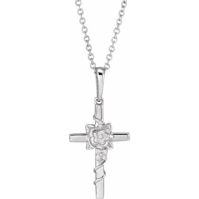 14K White Gold 24.26 X 10.99 Mm 16-18 In Polished Floral Cross Necklace