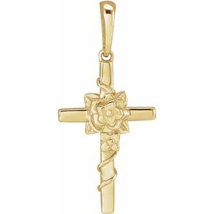 14K Yellow Gold 24.26 X 10.99 Mm Polished Floral Cross Pendant