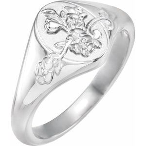Sterling Silver Oval 10.1 X 7.6 Mm Bead Blast/Polished Polished Floral Signet Ring Size 7