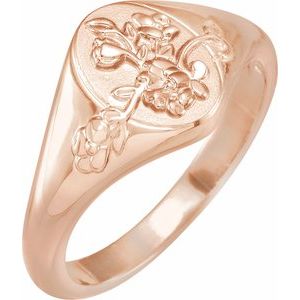 14K Rose Gold Oval 10.1 X 7.6 Mm Bead Blast/Polished Polished Floral Signet Ring Size 7