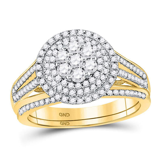 10K Yellow Gold Round Diamond Cluster Bridal Wedding Ring Band Set 7/8 Cttw, Womens Size: 5-10