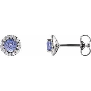 14K White Gold Round 4 Mm Natural Tanzanite And 1/10 Ctw Natural Diamond Earrings