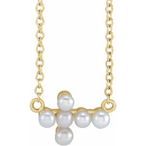 14K Yellow Gold Pearl 2 Mm  Cultured White Seed Pearl Sideways Cross Necklace, Length: 18 In