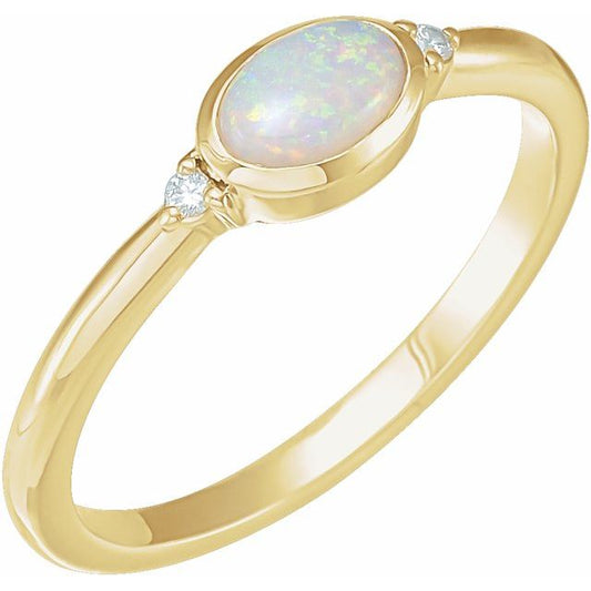 14K Yellow Gold Oval 6 X 4 Mm Polished Natural Ethiopian Opal And .03 Ctw Natural Diamond Bezel-Set Cabochon Ring, Size 7