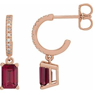 14K Rose Gold Emerald 6 X 4 Mm Natural Rhodolite Garnet And .08 Ctw Natural Diamond French-Set Earrings