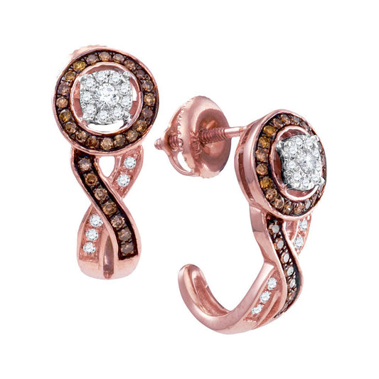 10K Rose Gold Womens Round Brown Diamond Cluster J Hoop Earrings 3/8 Cttw