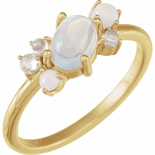 14K Yellow Gold Oval 7 X 5 Mm Polished Natural Rainbow Moonstone And Multi-Gemstone Scattered Cabochon Ring, Size 7