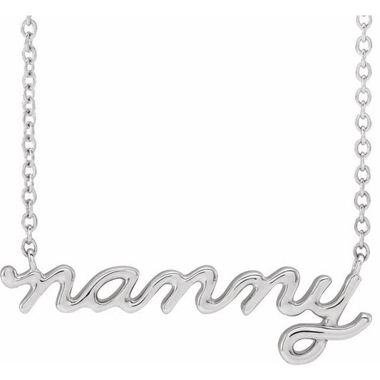 Sterling Silver 24.11 X 7.63 Mm 18 In Polished Lowercase Script Nanny Necklace