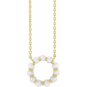 14K Yellow Gold Pearl 3 Mm  Cultured White Freshwater Pearl Circle Necklace, Length: 18 In