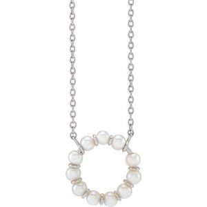 14K White Gold Pearl 3 Mm  Cultured White Freshwater Pearl Circle Necklace, Length: 18 In