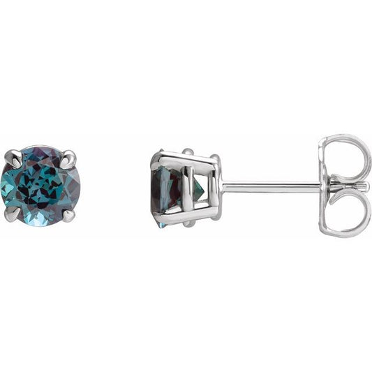 14K White Gold Round Pair 5 Mm Friction 4-Prong Polished Lab-Grown Alexandrite 4-Claw Prong Basket Earrings