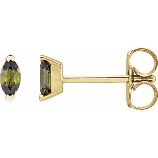 14K Yellow Gold Marquise Pair 4 X 2 Mm Friction 2-Prong Polished Natural Green Tourmaline Solitaire V-Prong Earrings