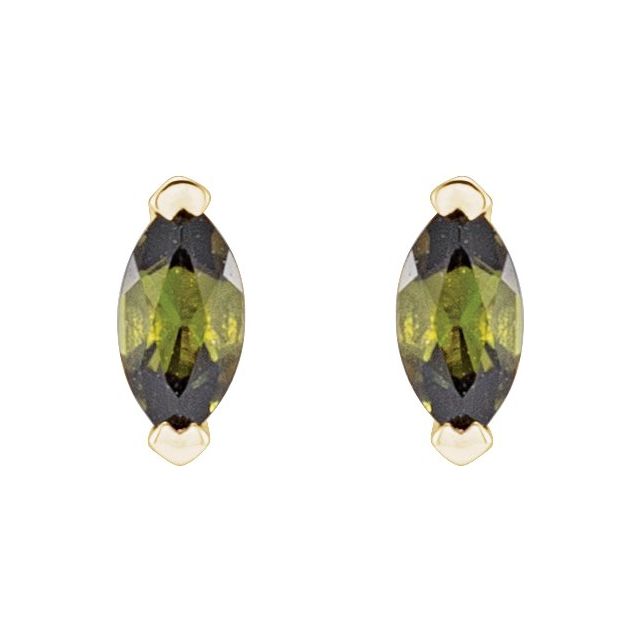 14K Yellow Gold Marquise Pair 4 X 2 Mm Friction 2-Prong Polished Natural Green Tourmaline Solitaire V-Prong Earrings