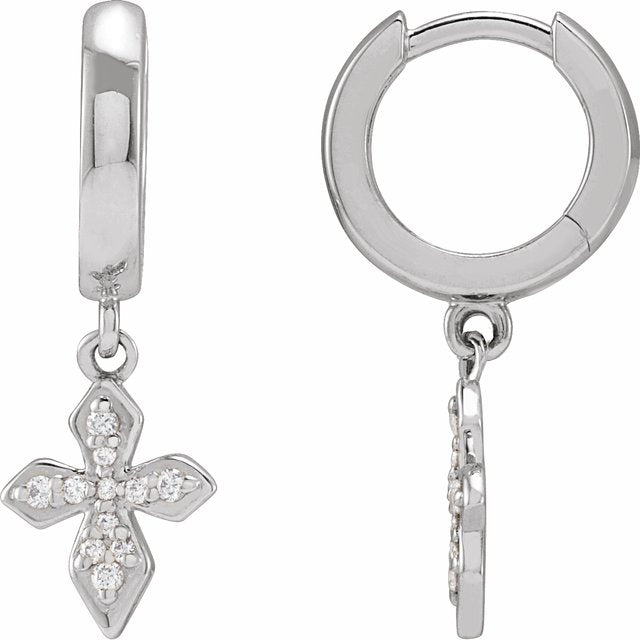 14K White Gold Round Hinged Polished 1/10 Ctw Natural Diamond Cross Hinged Hoop Earrings