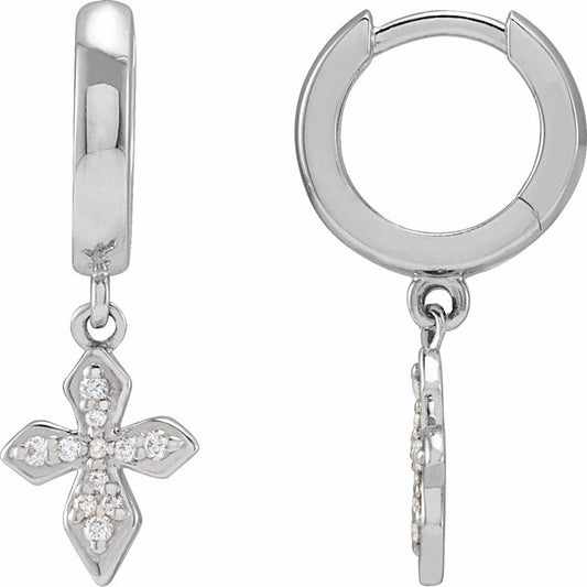 14K White Gold Round Hinged Polished 1/10 Ctw Natural Diamond Cross Hinged Hoop Earrings