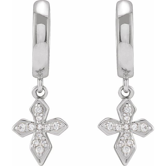 14K White Gold Round Hinged Polished 1/10 Ctw Natural Diamond Cross Hinged Hoop Earrings
