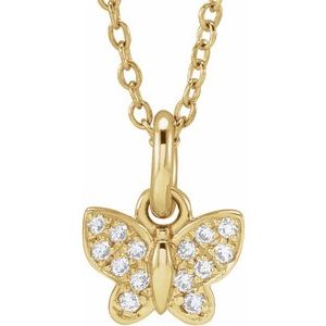 14K Yellow Gold Round .95Mm H+ I1 .06 Ctw Natural Diamond Youth Butterfly Necklace, Length: 15 In