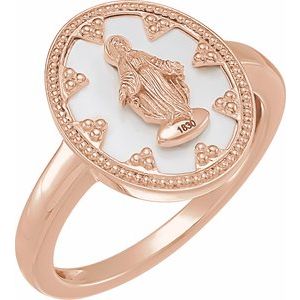 14K Rose Gold   15.35 Mm Polished Oval White Enamel Miraculous Medal Ring Size 7
