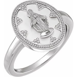 14K White Gold 15.35 Mm Polished Oval White Enamel Miraculous Medal Ring Size 7