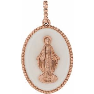 14K Rose Gold   Polished White Enamel Miraculous Medal Pendant
