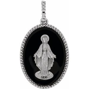 14K White Gold Polished Black Enamel Miraculous Medal Pendant