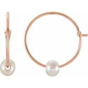 14K Rose Gold Pearl 3 Mm Cultured White Freshwater Pearl Youth Hoop Earrings