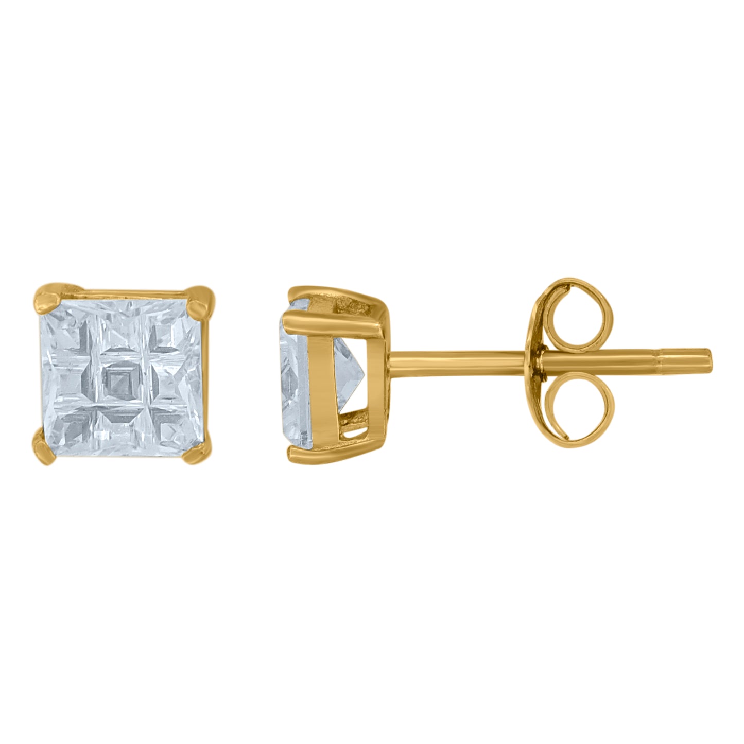 Sterling Silver Yellow-Tone Unisex Princess-Cut Cubic-Zirconia Square Stud Earrings