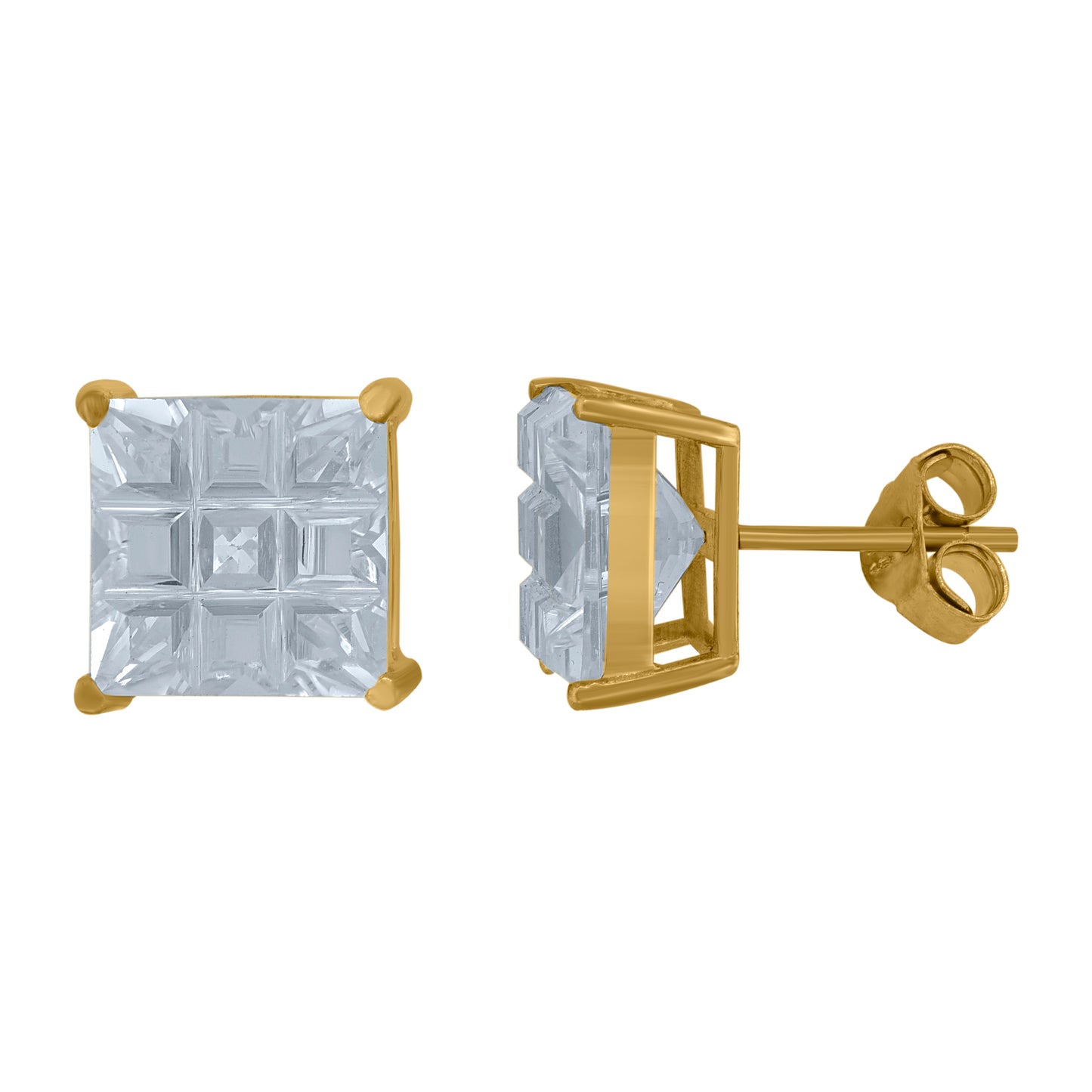 Sterling Silver Yellow-Tone Unisex Princess-Cut Cubic-Zirconia Square Stud Earrings