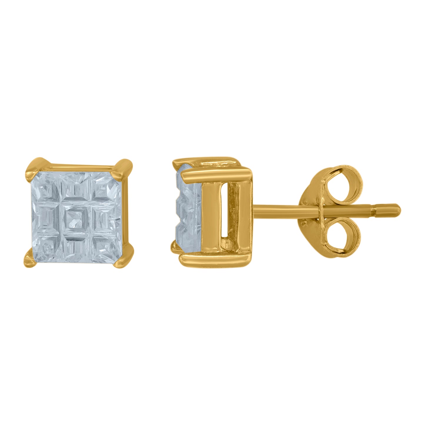 Sterling Silver Yellow-Tone Unisex Princess-Cut Cubic-Zirconia Square Stud Earrings
