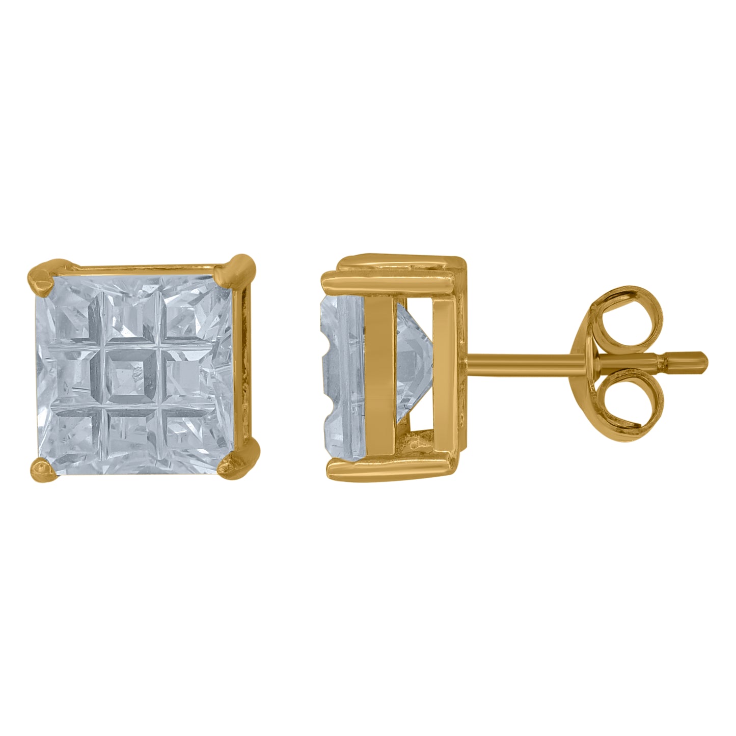 Sterling Silver Yellow-Tone Unisex Princess-Cut Cubic-Zirconia Square Stud Earrings