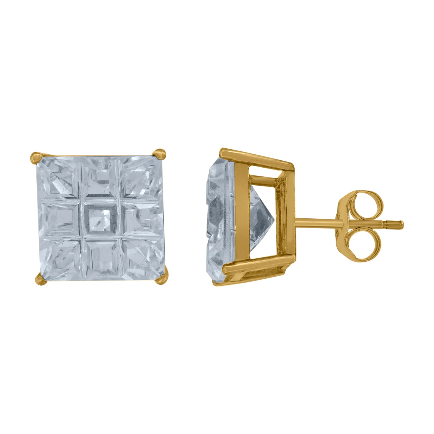 Sterling Silver Yellow-Tone Unisex Princess-Cut Cubic-Zirconia Square Stud Earrings