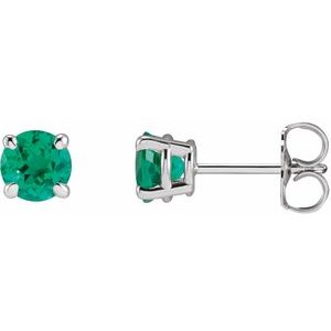 14K White Gold Round Shape 5 Mm Lab-Grown Emerald 4-Claw Prong Basket Earrings