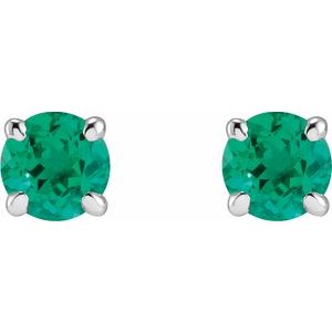 14K White Gold Round Shape 5 Mm Lab-Grown Emerald 4-Claw Prong Basket Earrings