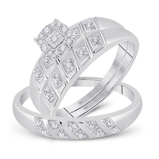 Sterling Silver His Hers Round Diamond Cluster Matching Wedding Set 1/10 Cttw, Womens Size: 5-10, Mens Size: 7-13