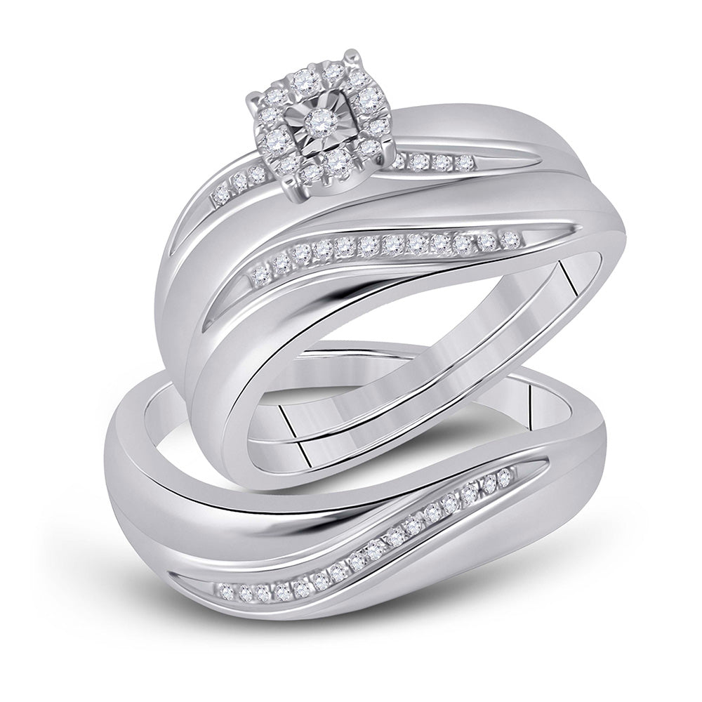 Sterling Silver His Hers Round Diamond Solitaire Matching Wedding Set 1/5 Cttw, Womens Size: 5-10, Mens Size: 7-13