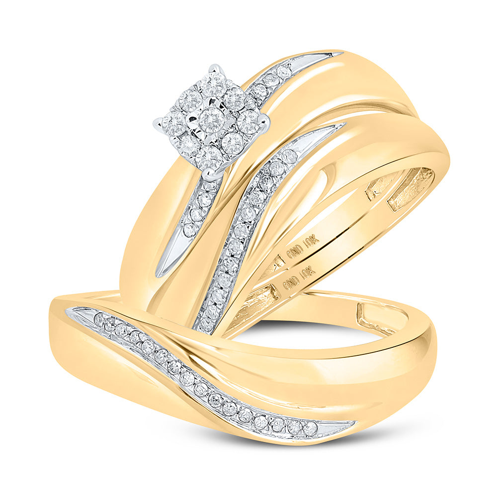 10K Yellow Gold His Hers Round Diamond Cluster Matching Wedding Set 1/5 Cttw, Womens Size: 5-10, Mens Size: 7-13