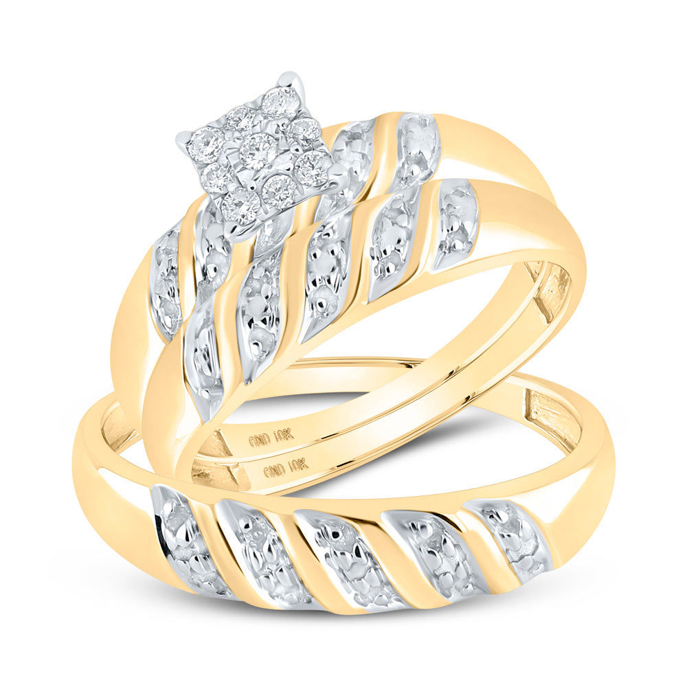 10K Yellow Gold His Hers Round Diamond Cluster Matching Wedding Set 1/8 Cttw, Womens Size: 5-10, Mens Size: 7-13