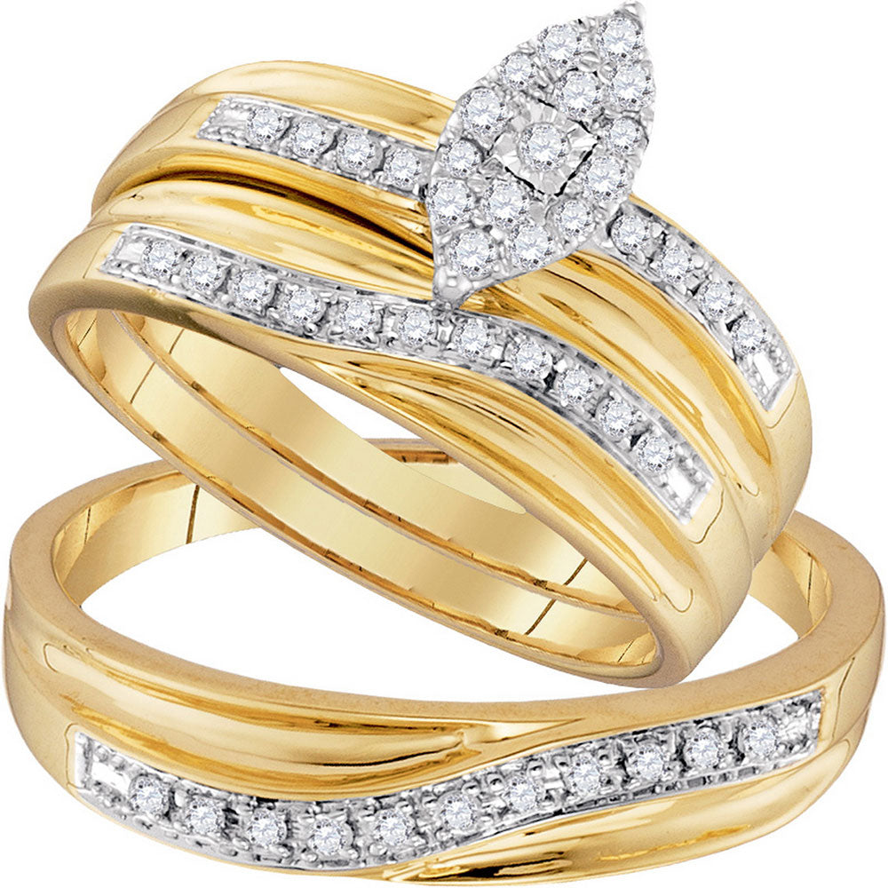 10K Yellow Gold His Hers Round Diamond Cluster Matching Wedding Set 1/3 Cttw, Womens Size: 5-10, Mens Size: 7-13