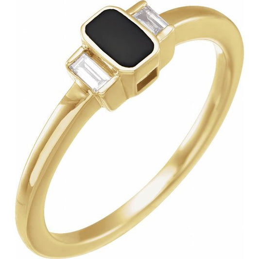 14K Yellow Gold Polished .08 Ctw Natural Diamond And Black Enamel Ring, Size 7