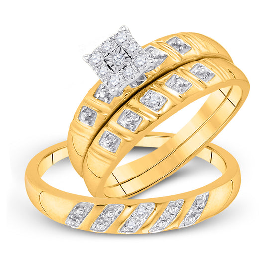 10K Yellow Gold His Hers Round Diamond Cluster Matching Wedding Set 1/8 Cttw, Womens Size: 5-10, Mens Size: 7-13