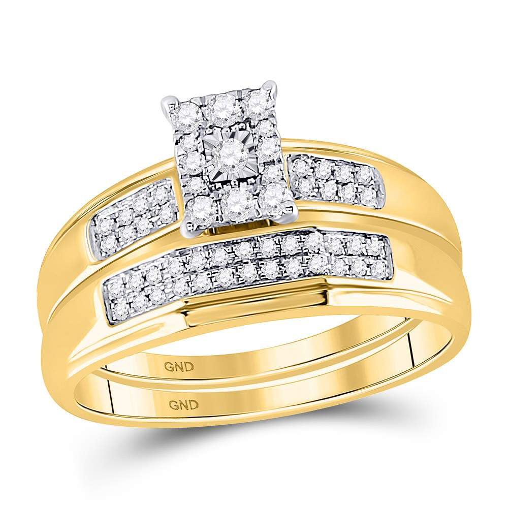 10K Yellow Gold His Hers Round Diamond Cluster Matching Wedding Set 1/3 Cttw, Womens Size: 5-10, Mens Size: 7-13