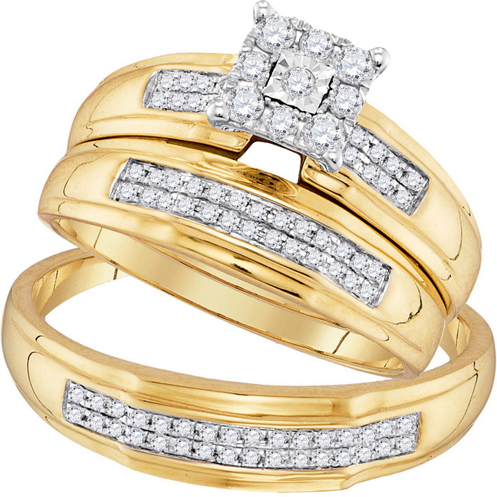 10K Yellow Gold His Hers Round Diamond Cluster Matching Wedding Set 1/3 Cttw, Womens Size: 5-10, Mens Size: 7-13