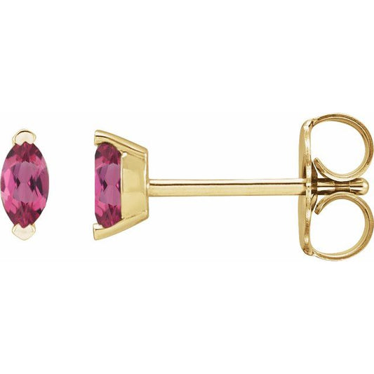 14K Yellow Gold Marquise Pair 4 X 2 Mm Friction 2-Prong Polished Natural Pink Tourmaline Solitaire V-Prong Earrings