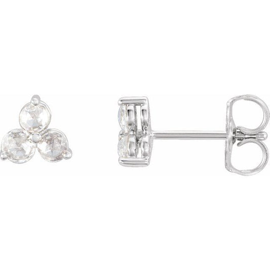 14K White Gold 2.5 Mm Round Friction Back Polished 1/5 Ctw Rose-Cut Natural Diamond 3-Stone Earrings